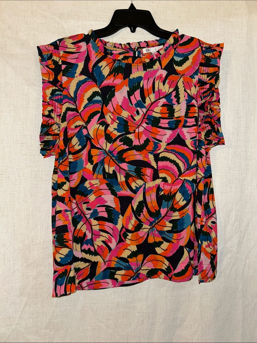 DR2 Multicolor Fan-Print Flutter Sleeve Blouse - Pink Orange Blue